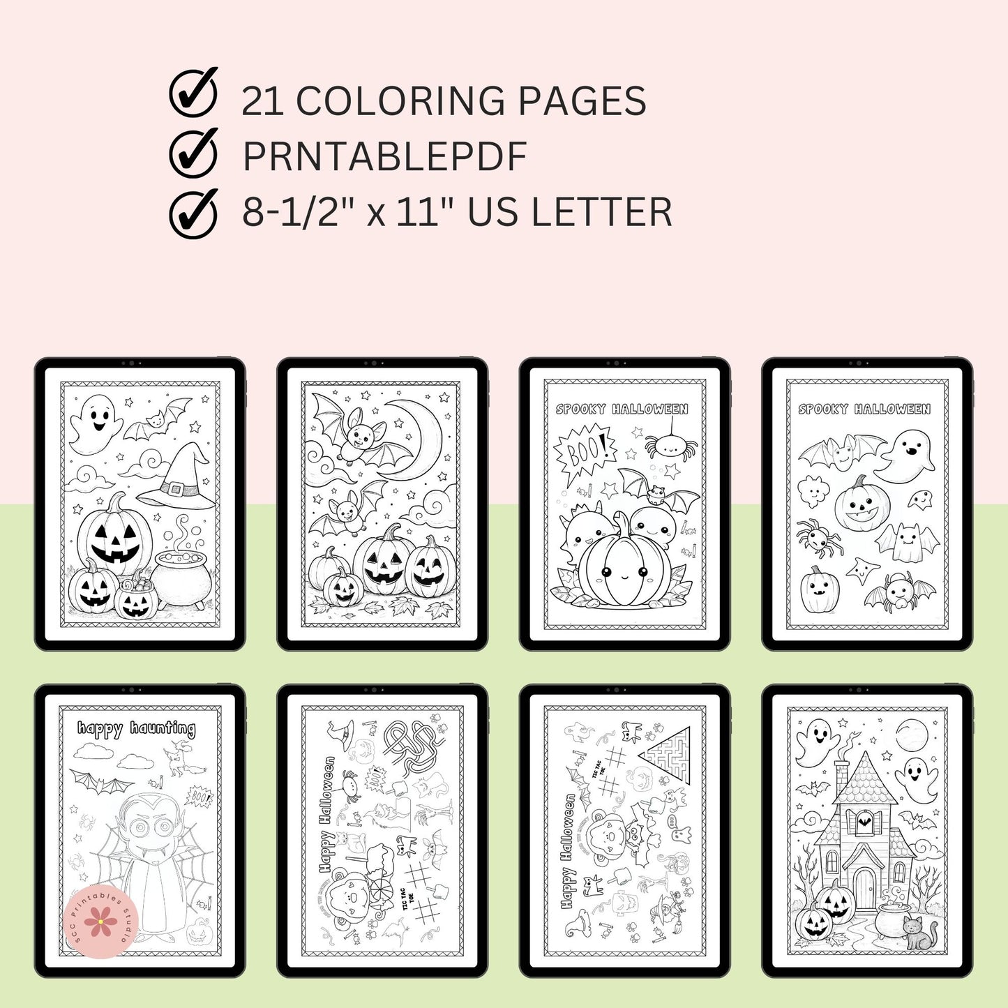 Halloween-themed coloring pages with text indicating quantity, format, and size.