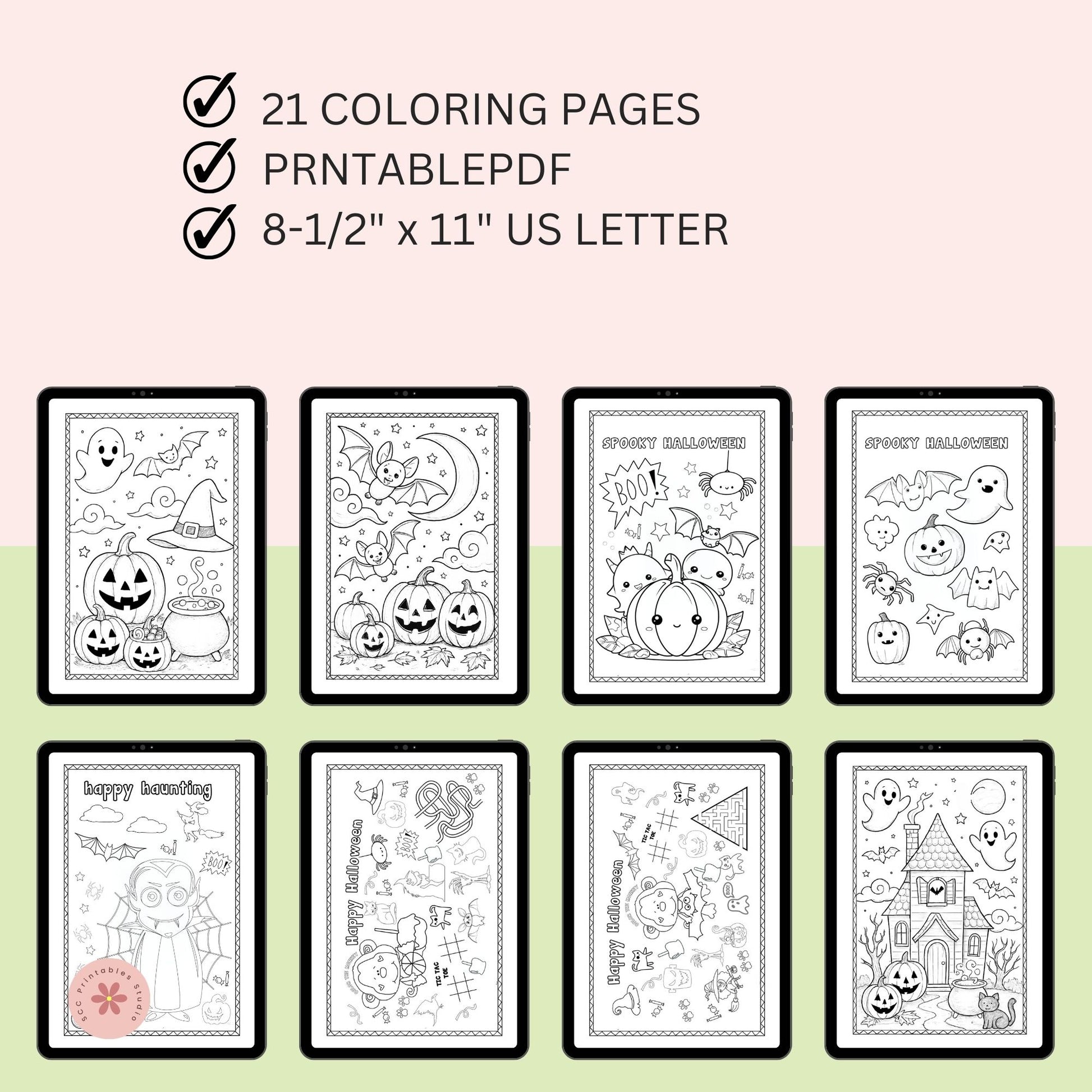 Halloween-themed coloring pages with text indicating quantity, format, and size.