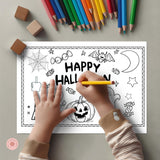 Coloring sheet with Halloween-themed illustrations and a child coloring with a pencil.