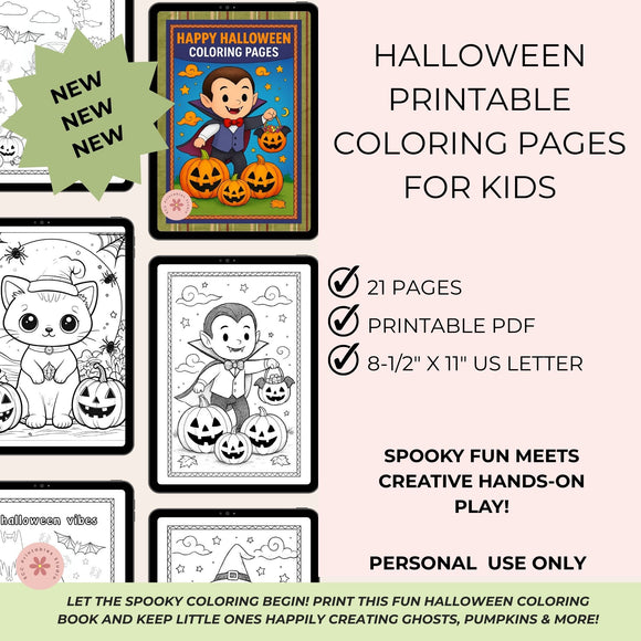 Halloween printable coloring pages for kids with a sample page featuring a child and pumpkins.