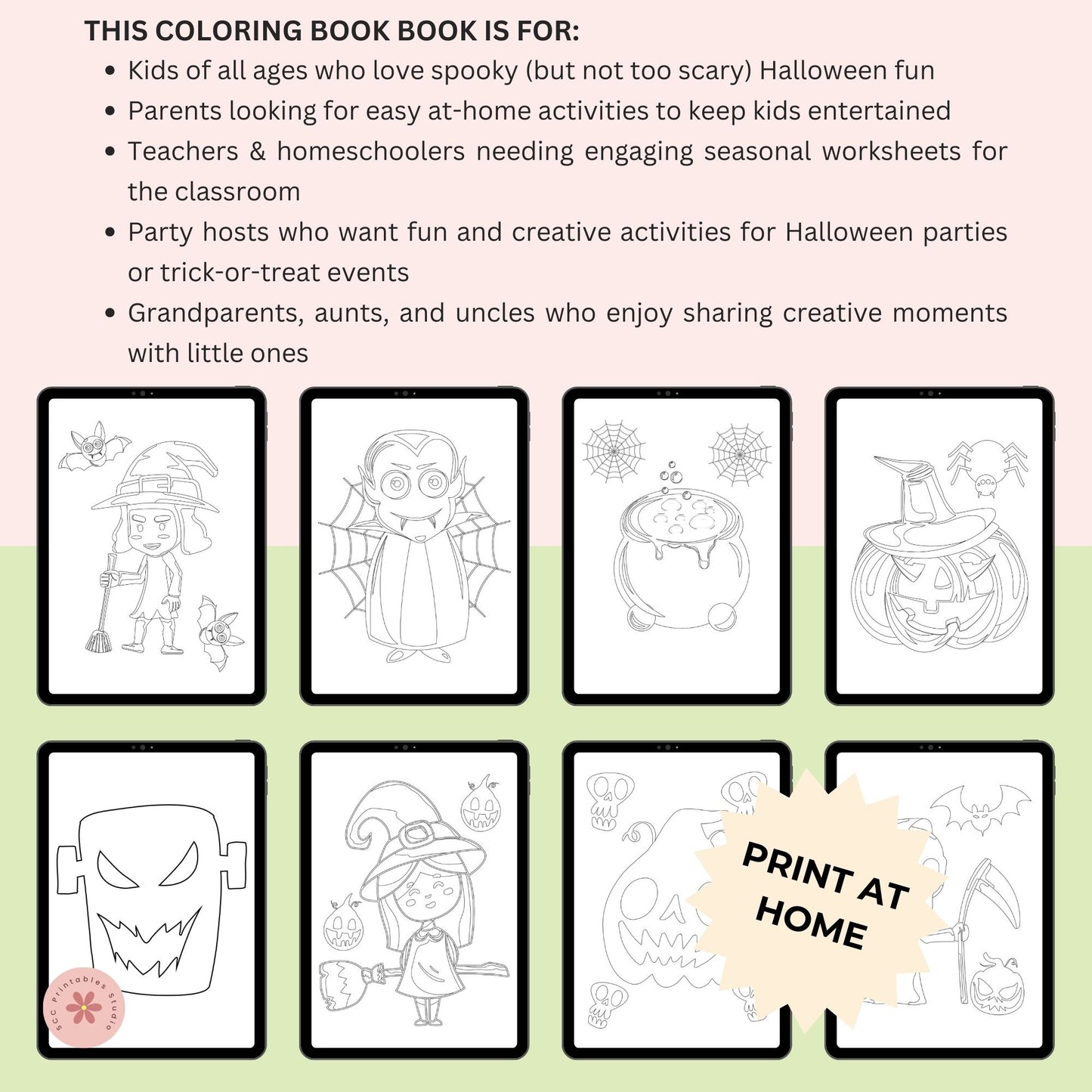 Halloween-themed coloring book pages with text describing target audiences.
