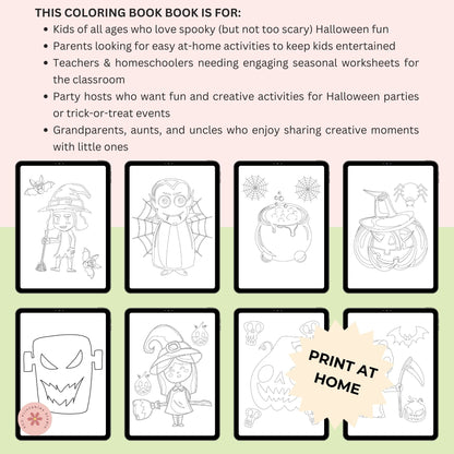 Halloween-themed coloring book pages with text describing target audiences.