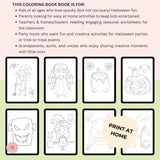 Halloween-themed coloring book pages with text describing target audiences.