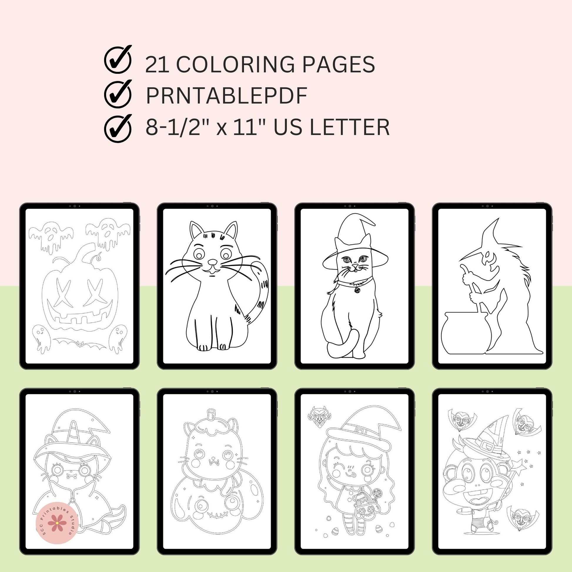 Set of Halloween-themed coloring pages for children on a light pink and green gradient background.