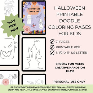 Halloween printable doodle coloring pages for kids with text on a white background