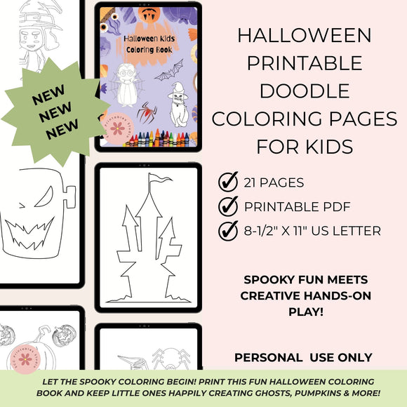 Halloween printable doodle coloring pages for kids with text on a white background