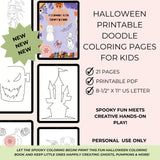 Halloween printable doodle coloring pages for kids with text on a white background