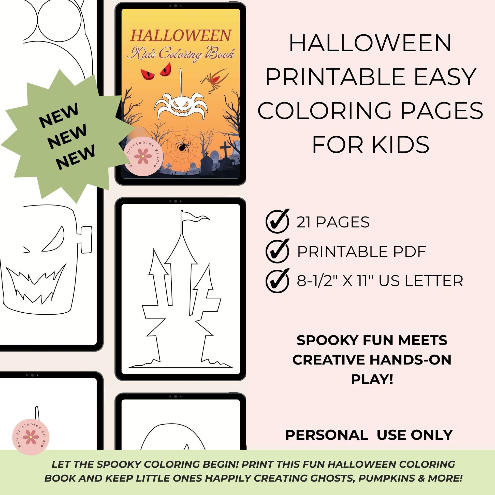 Halloween coloring book with printable pages for kids on a light pink background