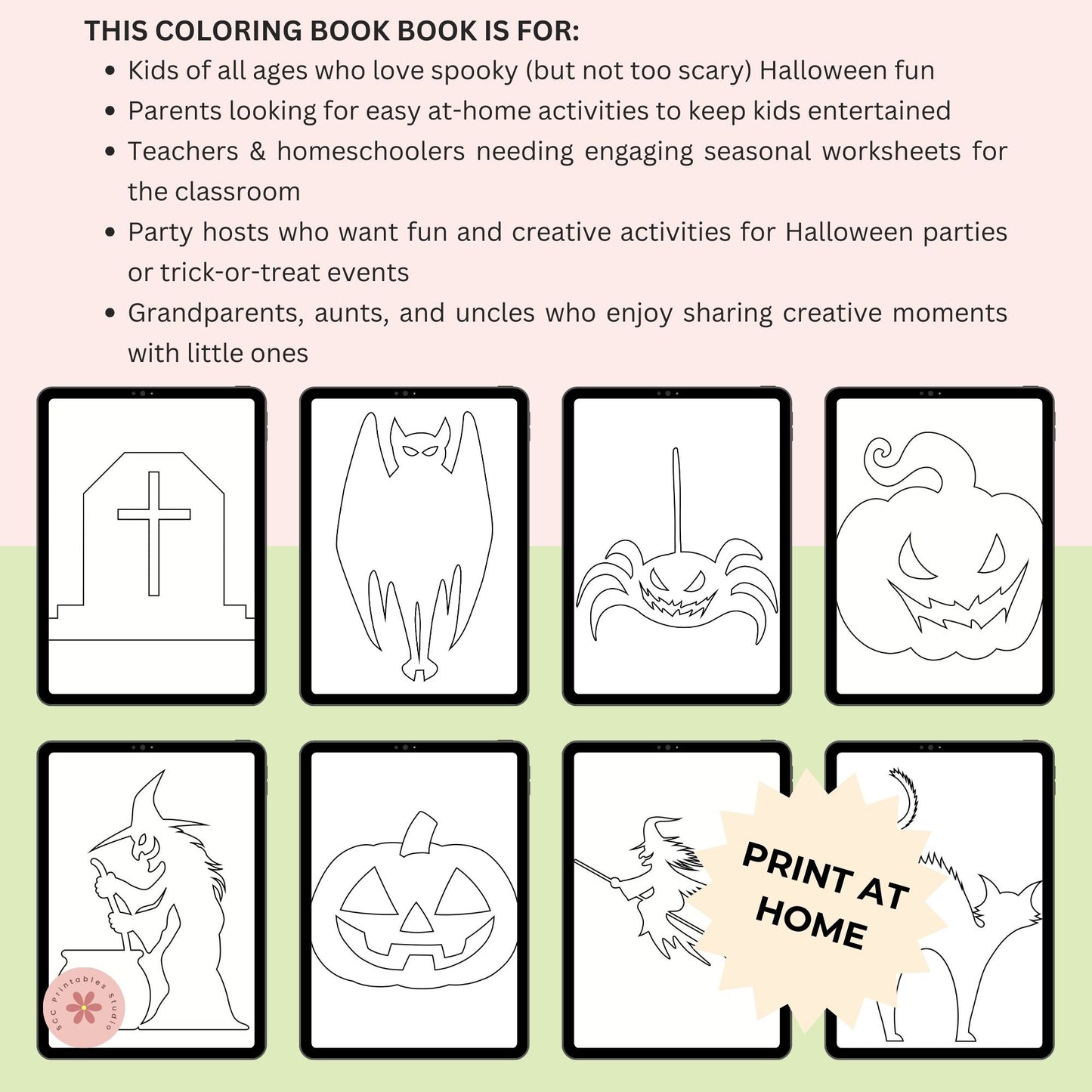 Halloween-themed coloring book pages with text describing target audiences.