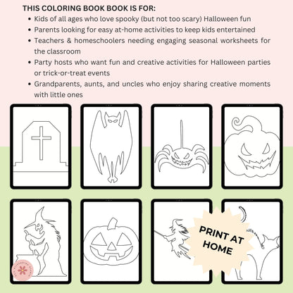 Halloween-themed coloring book pages with text describing target audiences.