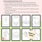 Halloween-themed coloring book pages with text describing target audiences.