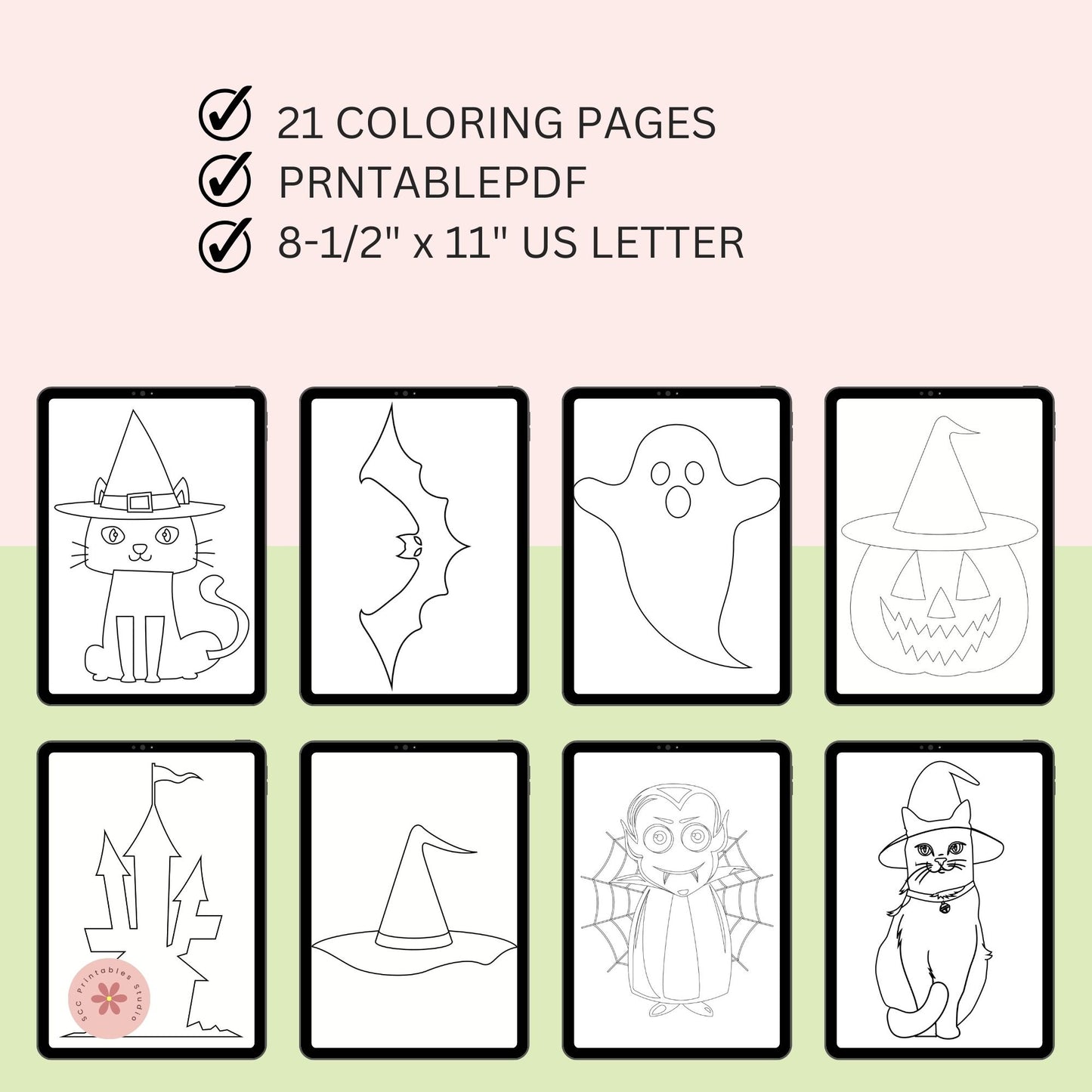 Halloween-themed coloring pages with text on a gradient background