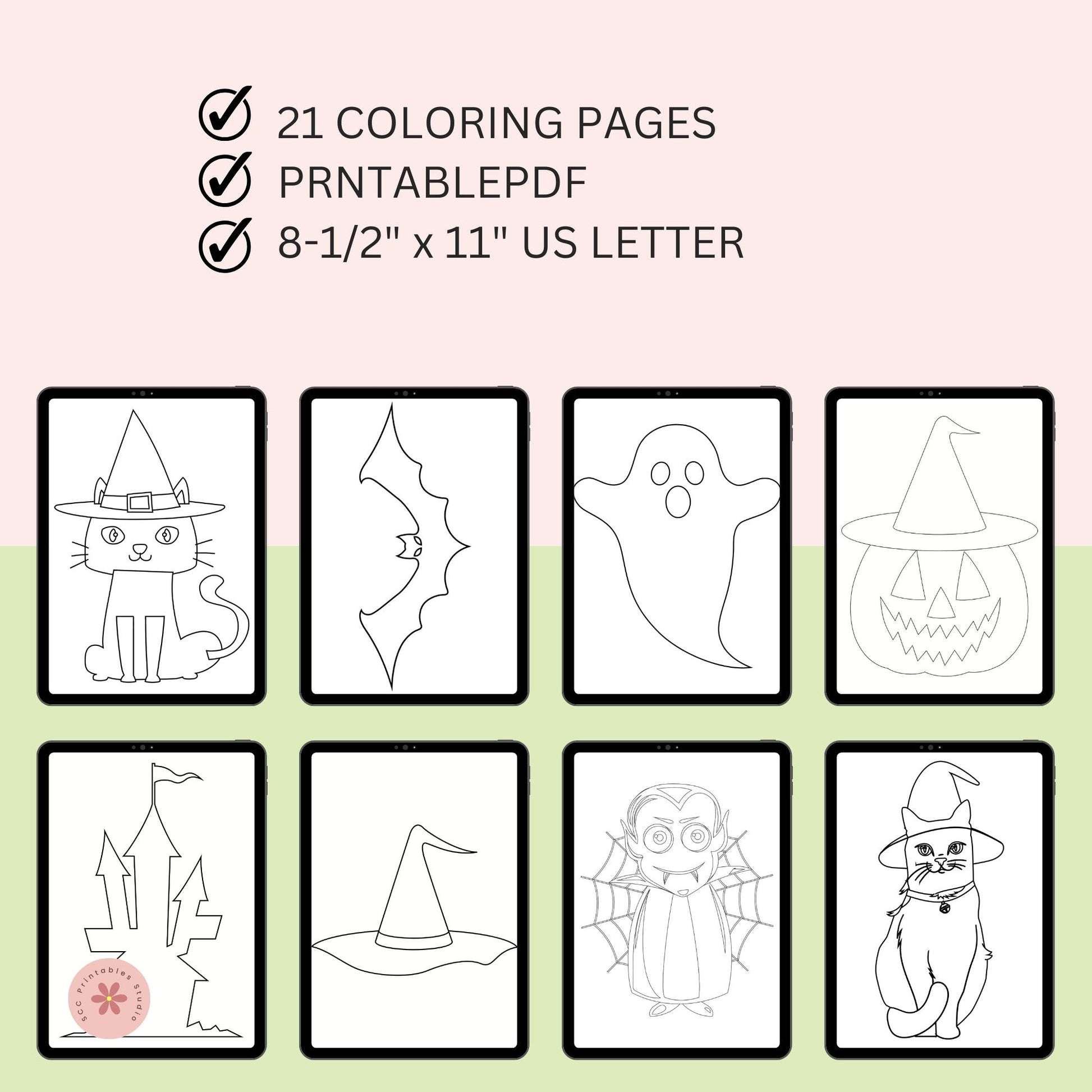Halloween-themed coloring pages with text on a gradient background