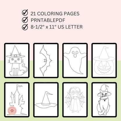 Halloween-themed coloring pages with text on a gradient background