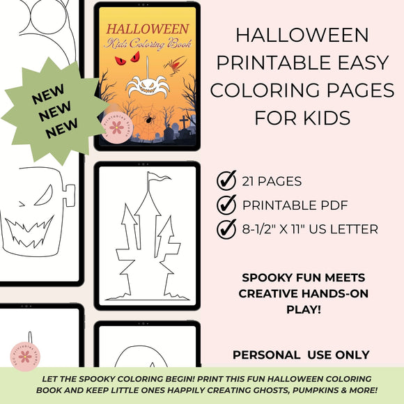 Halloween coloring book with printable pages for kids on a light pink background