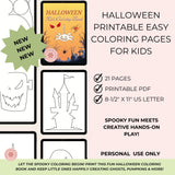 Halloween coloring book with printable pages for kids on a light pink background