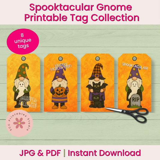 Promotional graphic for a printable tag collection showing four Halloween gnome tags on a light wood background, with pink text reading 'Spooktacular Gnome Printable Tag Collection,' '8 unique tags,' and 'JPG & PDF | Instant Download.' A pink circular badge says 'Spooktacular Gnome' and a small logo reads 'GSC Printables Studio.
