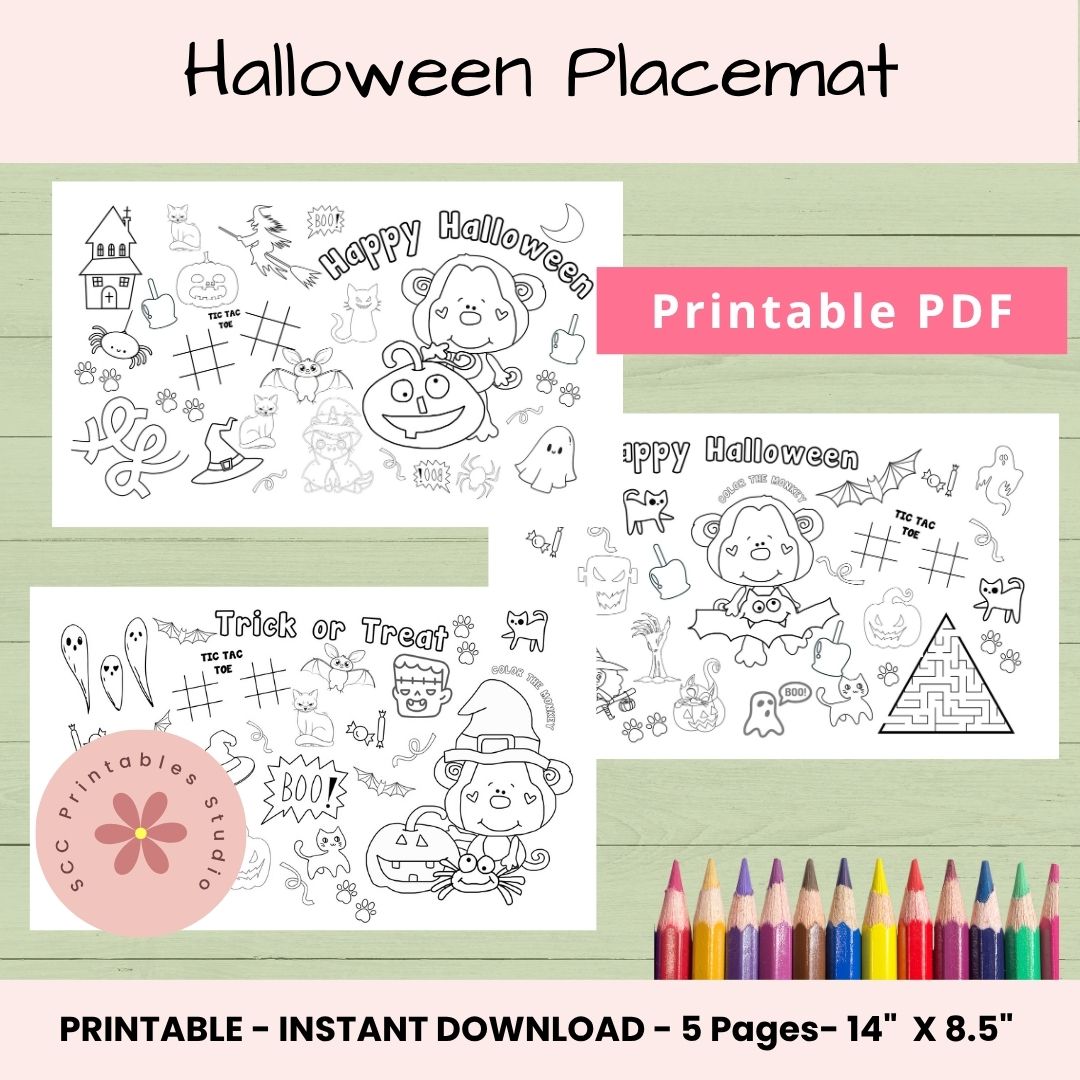 Halloween Activity Placemat for Kids – Printable Coloring & Craft Sheet for Parties, Homeschool & Classroom Fun