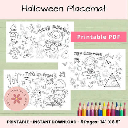 Halloween Activity Placemat for Kids – Printable Coloring & Craft Sheet for Parties, Homeschool & Classroom Fun