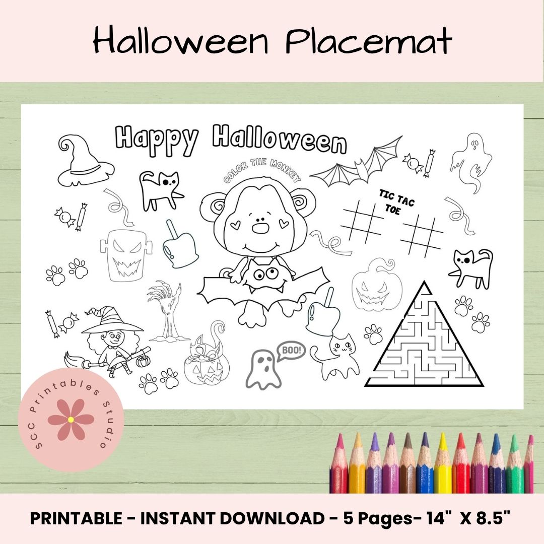 Halloween Activity Placemat for Kids – Printable Coloring & Craft Sheet for Parties, Homeschool & Classroom Fun