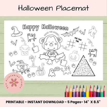 Halloween Activity Placemat for Kids – Printable Coloring & Craft Sheet for Parties, Homeschool & Classroom Fun
