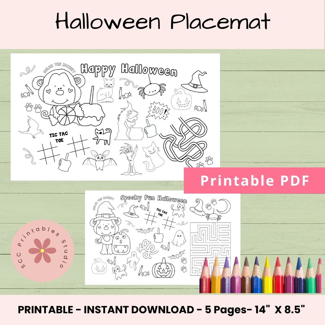 Halloween Activity Placemat for Kids – Printable Coloring & Craft Sheet for Parties, Homeschool & Classroom Fun