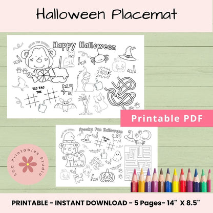 Halloween Activity Placemat for Kids – Printable Coloring & Craft Sheet for Parties, Homeschool & Classroom Fun