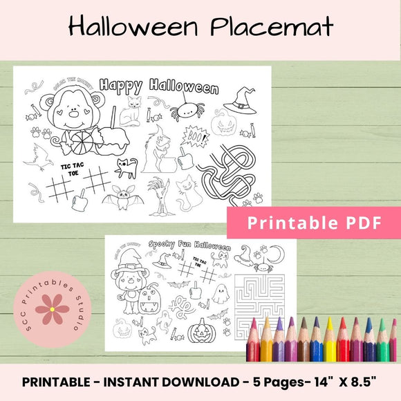 Halloween Activity Placemat for Kids – Printable Coloring & Craft Sheet for Parties, Homeschool & Classroom Fun