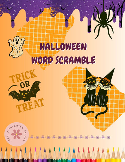 Halloween-themed word scramble book cover with cats, ghosts, and bats.