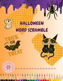 Halloween-themed word scramble book cover with cats, ghosts, and bats.