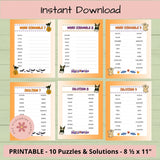 Set of Halloween-themed word scramble puzzles with solutions on a wooden background.