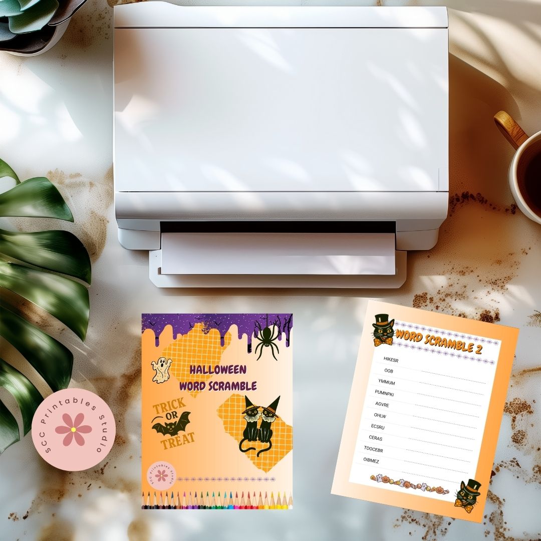 Halloween-themed word scramble game with a printer on a desk