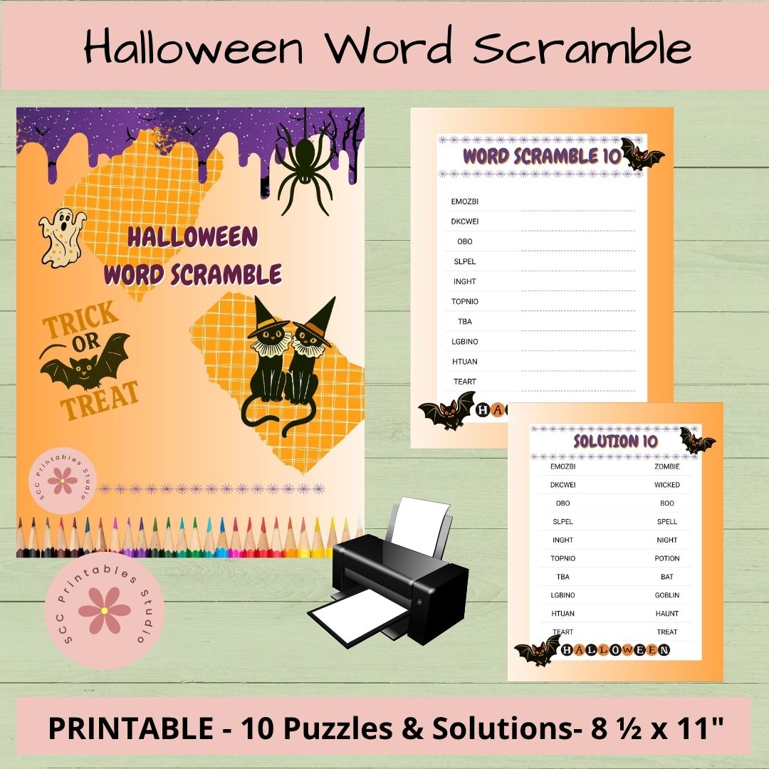 Halloween-themed word scramble game with puzzles and solutions on a wooden surface.