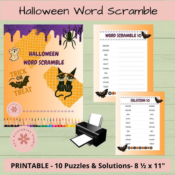 Halloween-themed word scramble game with puzzles and solutions on a wooden surface.