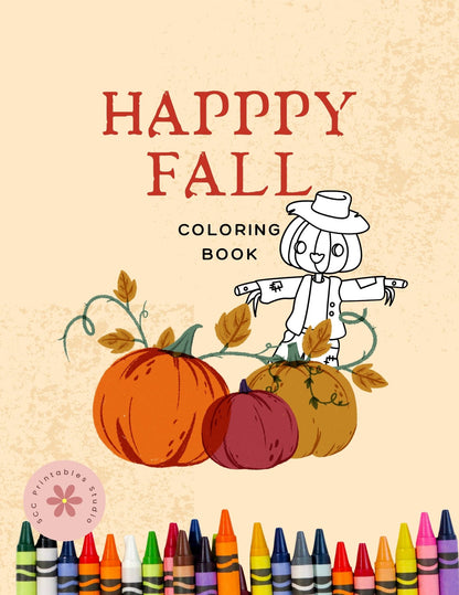 Cover of a coloring book titled 'Happy Fall' with pumpkins and a scarecrow illustration.