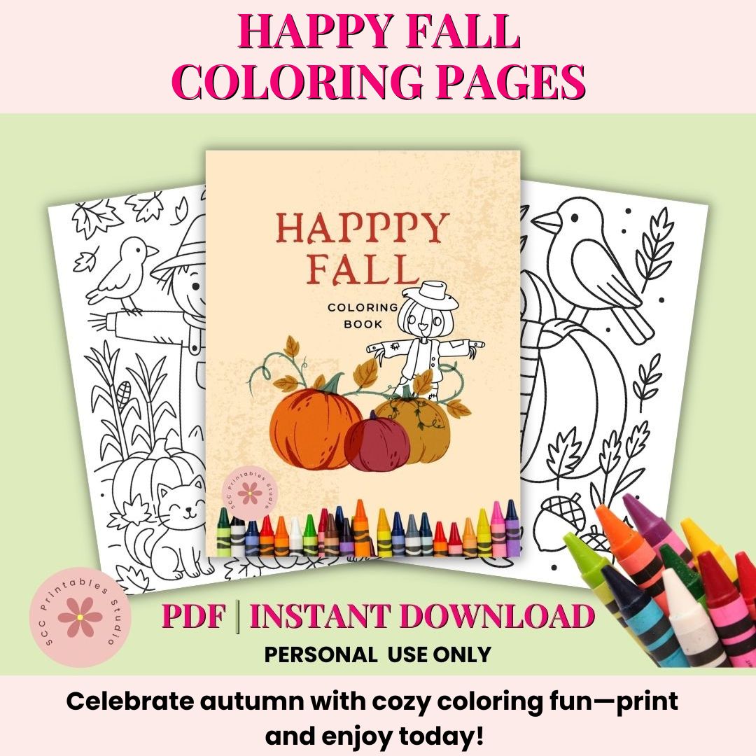 Happy Fall coloring book with pages and crayons on a light green background