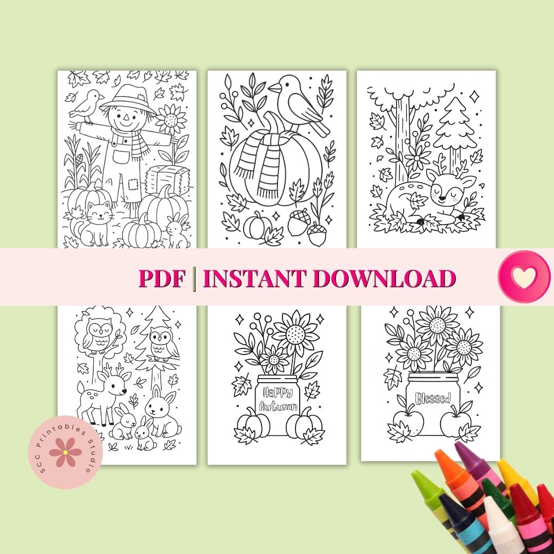 Set of six coloring pages with autumn-themed illustrations on a light green background, accompanied by crayons.