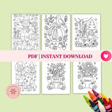 Set of six coloring pages with autumn-themed illustrations on a light green background, accompanied by crayons.
