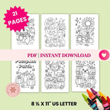 Coloring book pages with autumn-themed illustrations and crayons on a light green background.