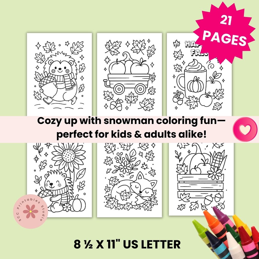 Set of fall coloring pages with crayons on a light green background