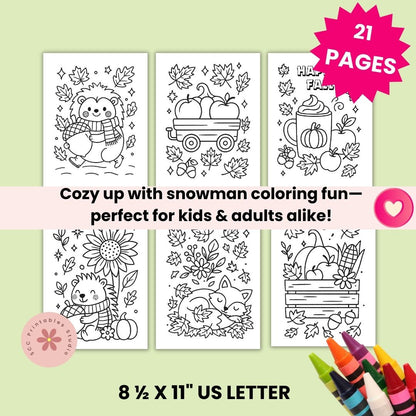 Set of fall coloring pages with crayons on a light green background