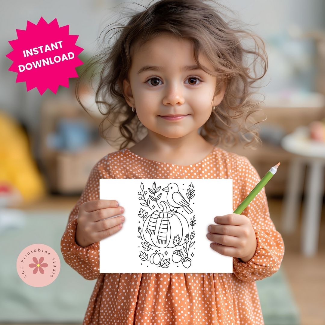 Child holding a coloring page with a bird sitting on a pumpkin design and a green pencil, with 'Instant Download' text overlay.