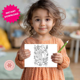 Child holding a coloring page with a bird sitting on a pumpkin design and a green pencil, with 'Instant Download' text overlay.
