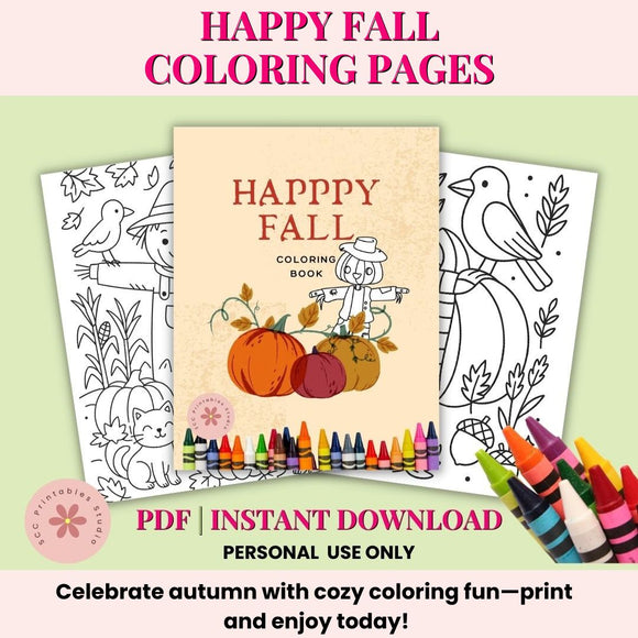 Happy Fall coloring book with pages and crayons on a light green background