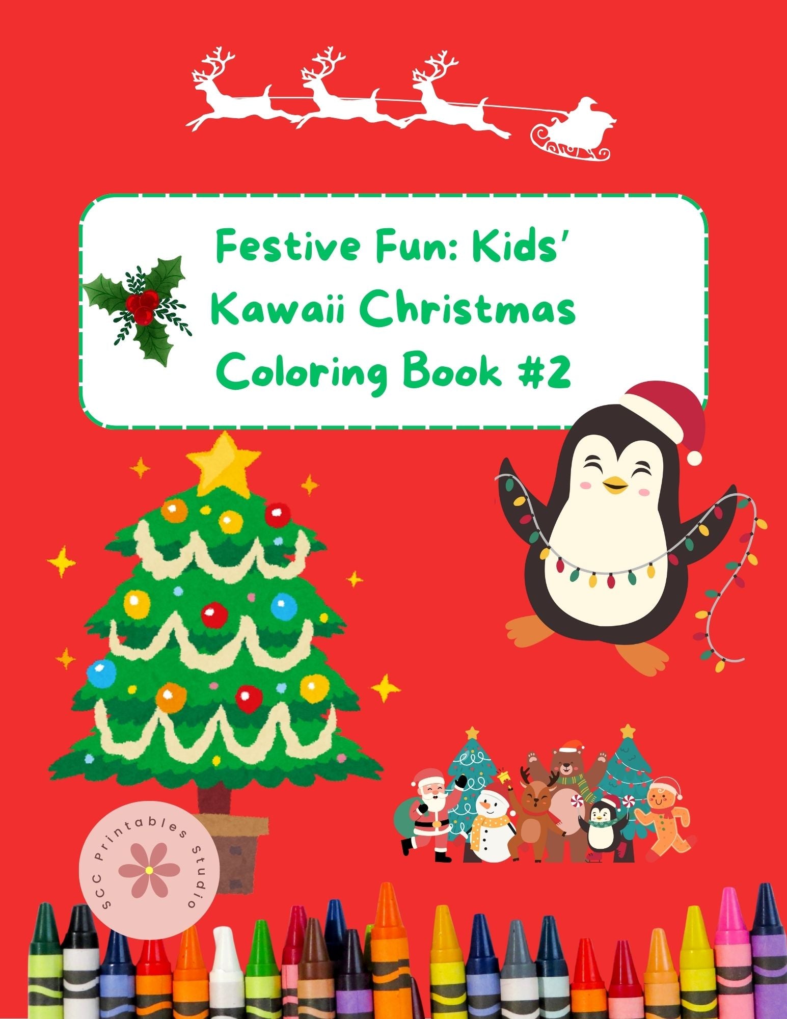 Coloring book cover with Christmas-themed illustrations and text on a red background.