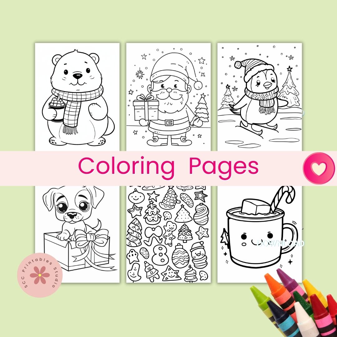 Set of coloring pages with Christmas-themed illustrations on a light green background.