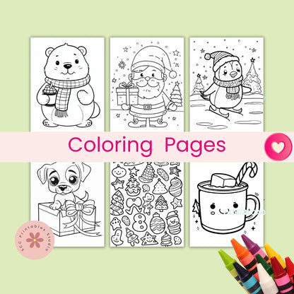 Set of coloring pages with Christmas-themed illustrations on a light green background.