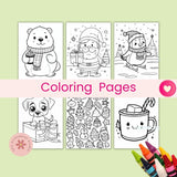 Set of coloring pages with Christmas-themed illustrations on a light green background.