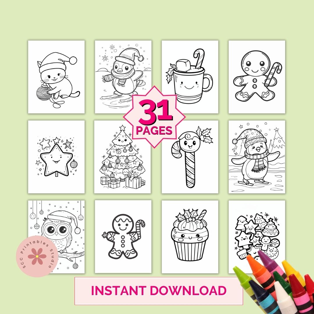 Collection of Christmas-themed coloring pages with crayons on a light green background