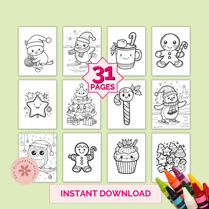 Collection of Christmas-themed coloring pages with crayons on a light green background